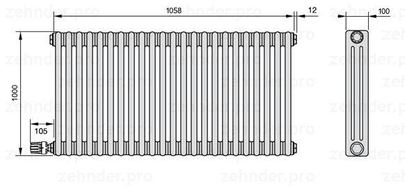 Схема (чертеж) Радиатор Zehnder Charleston 3100/23 №V004 Белый глянцевый RAL 9016